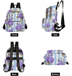 Blue Roses in Stripes with Violet Striped Small Backpack for Women Travel, Fashion Daypack, Womens Travel Backpack for Airpla...