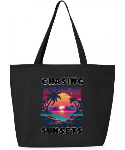 Chasing Sunsets Zippered Tote Bag - Gifts for Beach Lovers - Cute Gifts Black $18.06 Totes