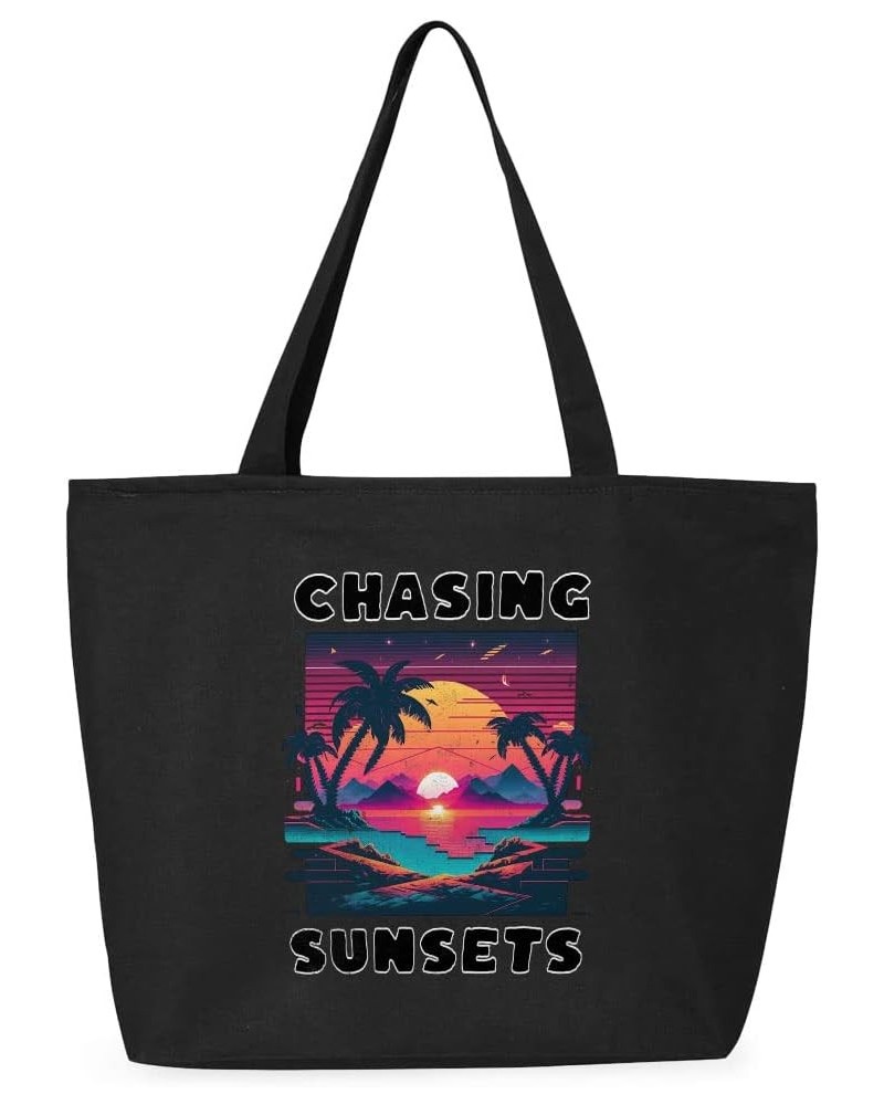 Chasing Sunsets Zippered Tote Bag - Gifts for Beach Lovers - Cute Gifts Black $18.06 Totes