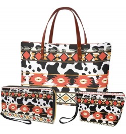 3 PCS Womens Handbag with Matching Wallet, Top Handle Purse with PU Clutch Wallet Purse Cosmetic Case Aztec Cow Print-orange ...