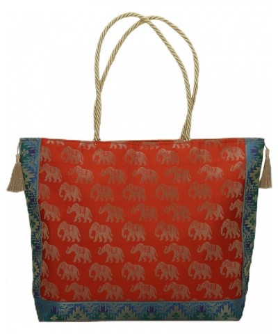 Silk Brocade Boho Bag With Tassel Design For Women Gift Bag Animal Elephant & Paisley Print Shopping Bag 16x13 In Orange $11....