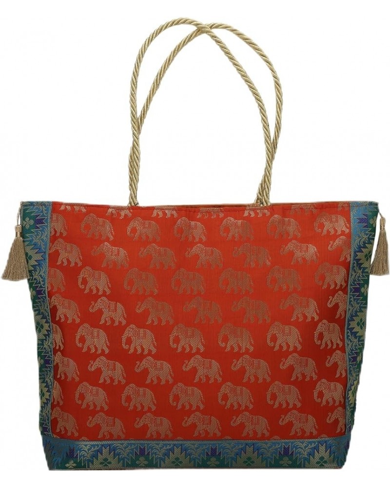 Silk Brocade Boho Bag With Tassel Design For Women Gift Bag Animal Elephant & Paisley Print Shopping Bag 16x13 In Orange $11....