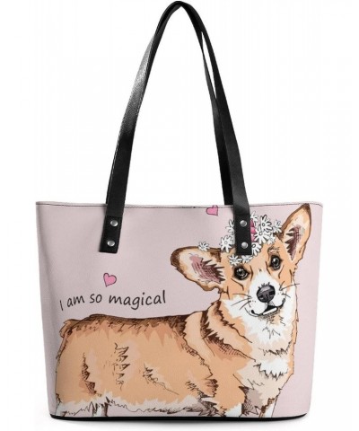 Womens Handbag Welsh Corgi Dog Leather Tote Bag Top Handle Satchel Bags For Lady $18.19 Totes