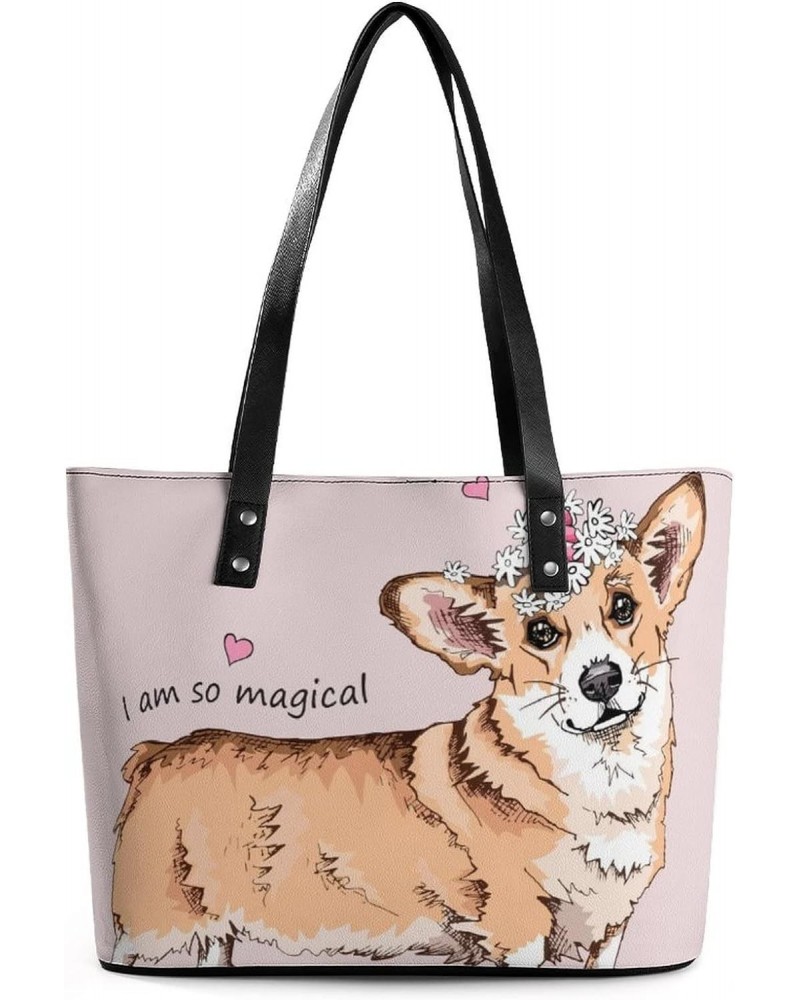 Womens Handbag Welsh Corgi Dog Leather Tote Bag Top Handle Satchel Bags For Lady $18.19 Totes