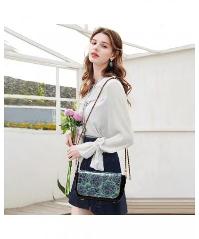 Succulent Flowers PU Leather Crossbody Handbag for Women Shoulder Purse with Adjustable Metal Chain Waterproof Crossbody Purs...