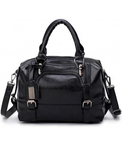 Women's Retro Oil Wax Soft Leather Simple Single Shoulder Boston Bag Portable Oblique Satchel Black $15.99 Satchels