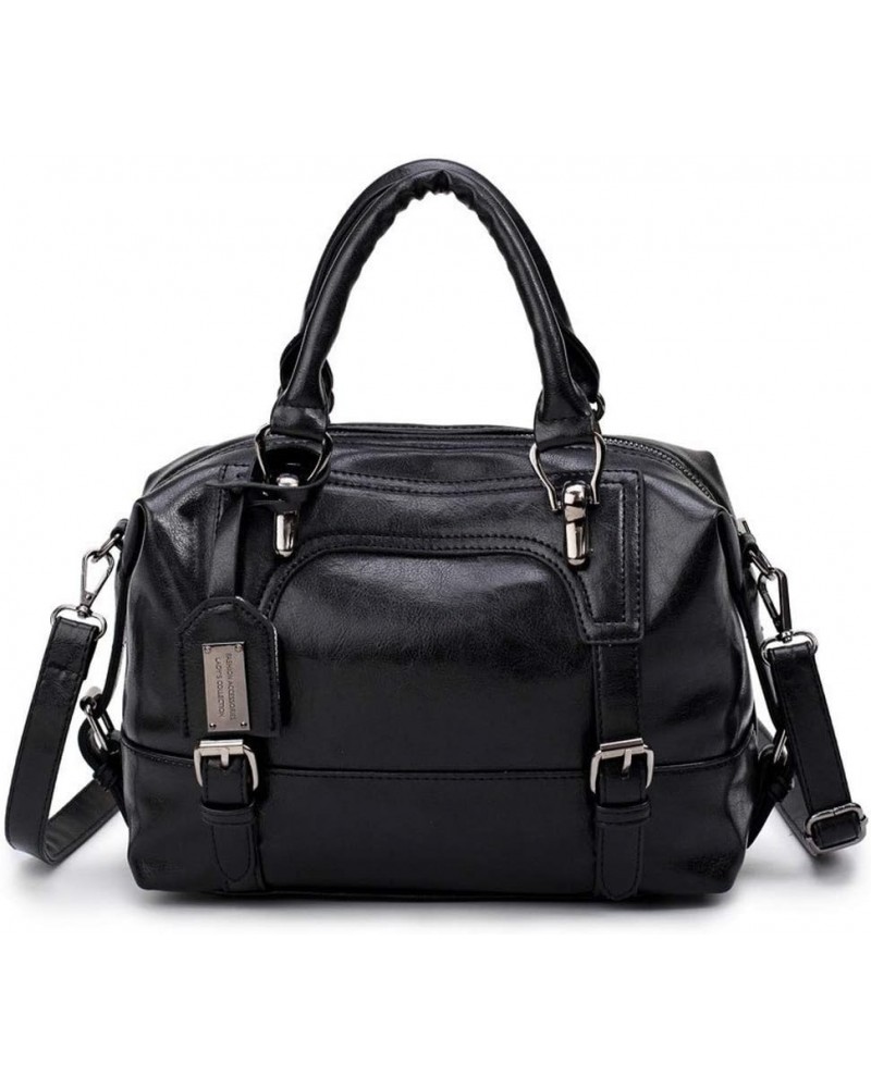 Women's Retro Oil Wax Soft Leather Simple Single Shoulder Boston Bag Portable Oblique Satchel Black $15.99 Satchels