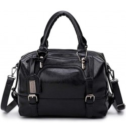 Women's Retro Oil Wax Soft Leather Simple Single Shoulder Boston Bag Portable Oblique Satchel Black $15.99 Satchels