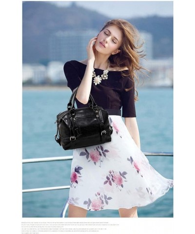 Women's Retro Oil Wax Soft Leather Simple Single Shoulder Boston Bag Portable Oblique Satchel Black $15.99 Satchels