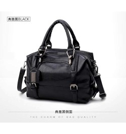 Women's Retro Oil Wax Soft Leather Simple Single Shoulder Boston Bag Portable Oblique Satchel Black $15.99 Satchels