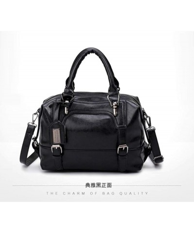 Women's Retro Oil Wax Soft Leather Simple Single Shoulder Boston Bag Portable Oblique Satchel Black $15.99 Satchels