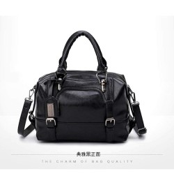 Women's Retro Oil Wax Soft Leather Simple Single Shoulder Boston Bag Portable Oblique Satchel Black $15.99 Satchels