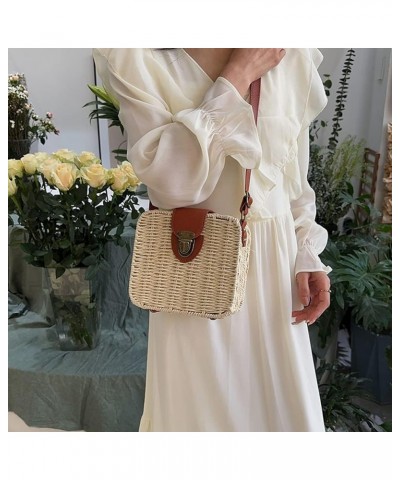 Women's fashionable straw beach bag, summer travel beach shoulder bag, handwoven rattan small square bag, straw hobo b Beige ...