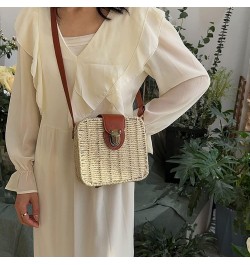 Women's fashionable straw beach bag, summer travel beach shoulder bag, handwoven rattan small square bag, straw hobo b Beige ...