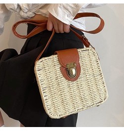 Women's fashionable straw beach bag, summer travel beach shoulder bag, handwoven rattan small square bag, straw hobo b Beige ...