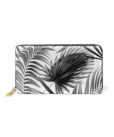 Vintage Retro Seamless Hand Drawn Sketch Black Tropical Palm Trees Women Leather Zipper Long Wallet, Large Capacity Organizer...