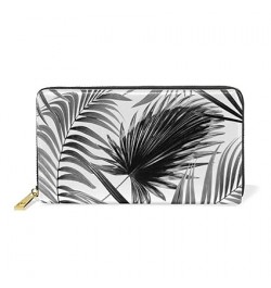 Vintage Retro Seamless Hand Drawn Sketch Black Tropical Palm Trees Women Leather Zipper Long Wallet, Large Capacity Organizer...