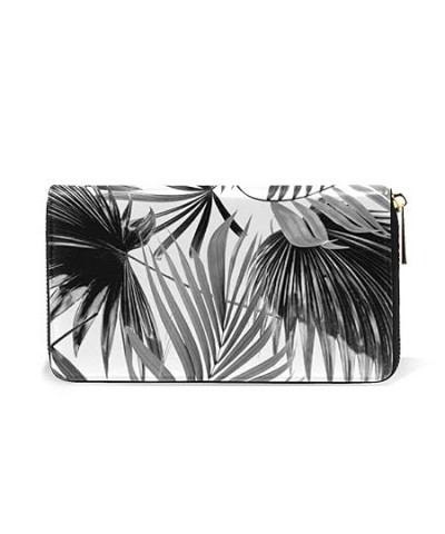 Vintage Retro Seamless Hand Drawn Sketch Black Tropical Palm Trees Women Leather Zipper Long Wallet, Large Capacity Organizer...