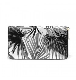 Vintage Retro Seamless Hand Drawn Sketch Black Tropical Palm Trees Women Leather Zipper Long Wallet, Large Capacity Organizer...