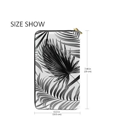 Vintage Retro Seamless Hand Drawn Sketch Black Tropical Palm Trees Women Leather Zipper Long Wallet, Large Capacity Organizer...