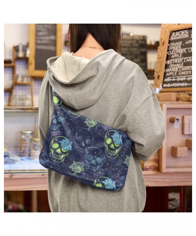 Plush Underarm Bag, (Blue Grunge Skull) Fluffy Shoulder Bag Women Ladies Tote Bag, Cute Furry Purse, Small Handbag Bag for Au...