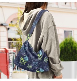 Plush Underarm Bag, (Blue Grunge Skull) Fluffy Shoulder Bag Women Ladies Tote Bag, Cute Furry Purse, Small Handbag Bag for Au...