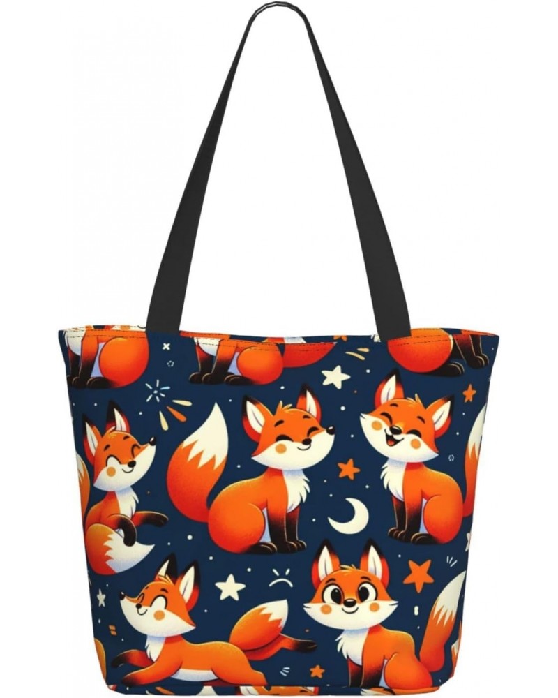 Women Shoulder Bag Kawaii-Cute-Fox-Funny Foldable Tote Bag With Zipper Closure Casual Shopping Purse Daily Bag $18.24 Totes