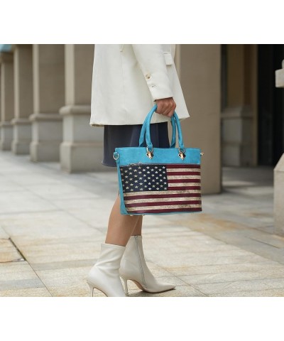 USA Tote Crossbody Bag for Women, American Flag Vegan Leather Top-Handle Messenger, Satchel Shoulder bag Purse Lilian Turquoi...