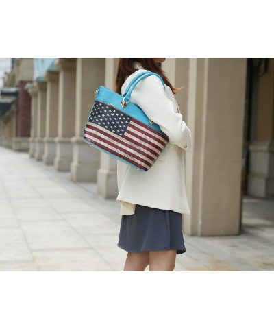 USA Tote Crossbody Bag for Women, American Flag Vegan Leather Top-Handle Messenger, Satchel Shoulder bag Purse Lilian Turquoi...