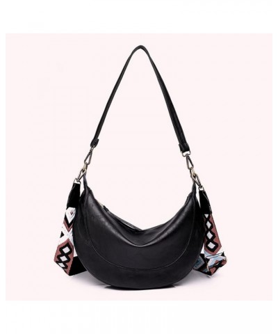 Fashion Half Moon Handbag Large Capacity Adjustable Guitar Strap Shopping Tote Bag PU Leather for Weekend Vacation Black $16....