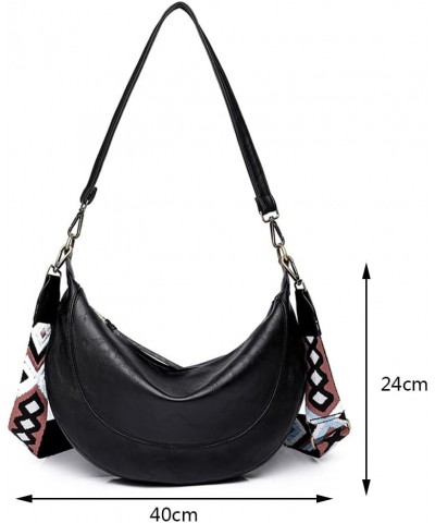 Fashion Half Moon Handbag Large Capacity Adjustable Guitar Strap Shopping Tote Bag PU Leather for Weekend Vacation Black $16....