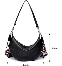 Fashion Half Moon Handbag Large Capacity Adjustable Guitar Strap Shopping Tote Bag PU Leather for Weekend Vacation Black $16....