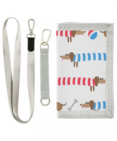 Cute Dachshunds in Striped Trifold Wallet Fabric Wallet Small Nylon Wallet Card Wallet with Lanyard $9.68 Wallets