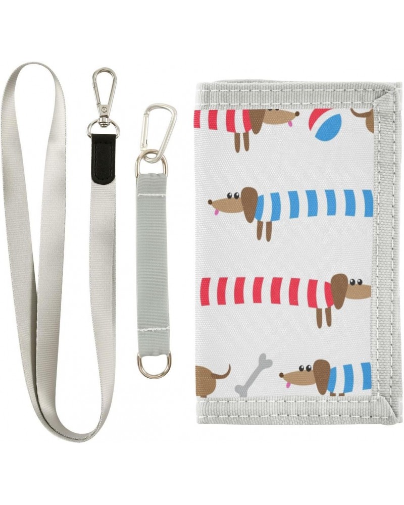 Cute Dachshunds in Striped Trifold Wallet Fabric Wallet Small Nylon Wallet Card Wallet with Lanyard $9.68 Wallets