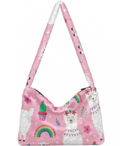 Pink Llama Rainbow Shoulder Tote Bags for Women Furry Crossbody bag Hobo Handbag Purses for College Work Travel $10.50 Totes