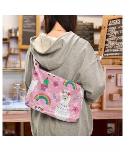 Pink Llama Rainbow Shoulder Tote Bags for Women Furry Crossbody bag Hobo Handbag Purses for College Work Travel $10.50 Totes