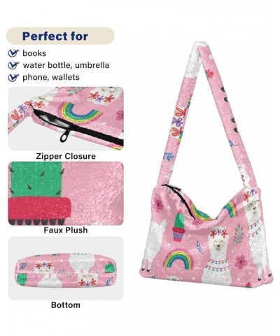 Pink Llama Rainbow Shoulder Tote Bags for Women Furry Crossbody bag Hobo Handbag Purses for College Work Travel $10.50 Totes