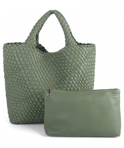 Woven Beach Tote Bag, Women Macaron Soft Leather Weave Handbag with Purse Top-handle Handbag for Work Travel Green $29.15 Totes