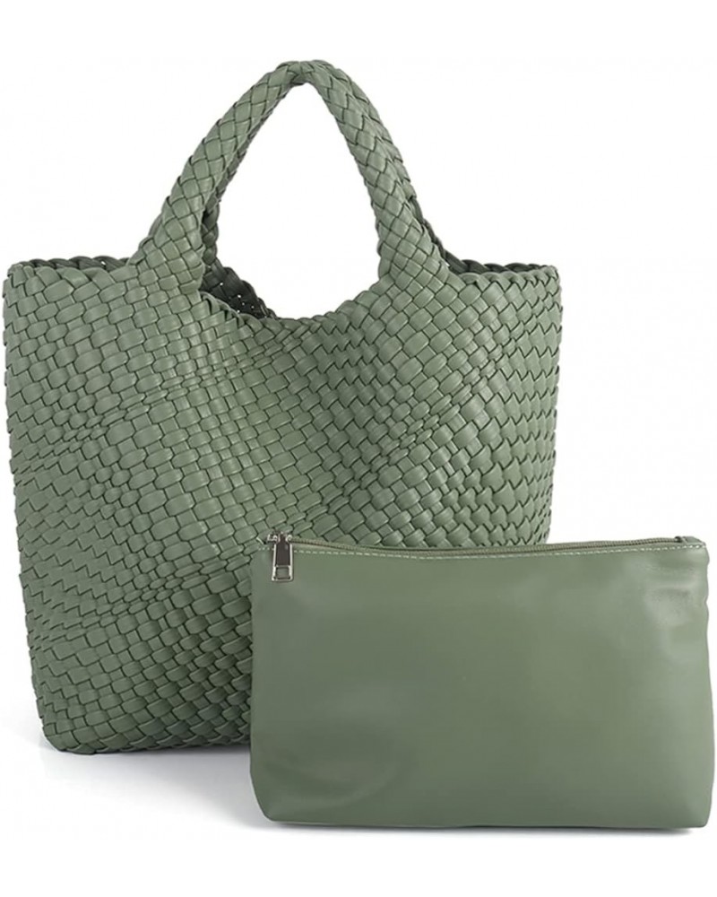 Woven Beach Tote Bag, Women Macaron Soft Leather Weave Handbag with Purse Top-handle Handbag for Work Travel Green $29.15 Totes