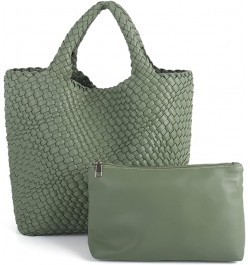 Woven Beach Tote Bag, Women Macaron Soft Leather Weave Handbag with Purse Top-handle Handbag for Work Travel Green $29.15 Totes