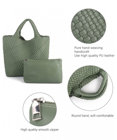 Woven Beach Tote Bag, Women Macaron Soft Leather Weave Handbag with Purse Top-handle Handbag for Work Travel Green $29.15 Totes