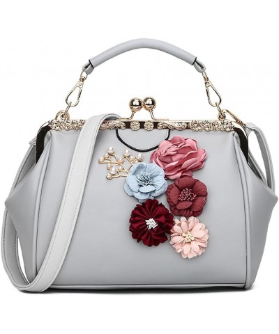 Women Handbag with Three-dimensional Flowers Metal Clip Buckle Handbag PU Leather Shoulder Bag Messenger Bag-Sliver Gray $43....