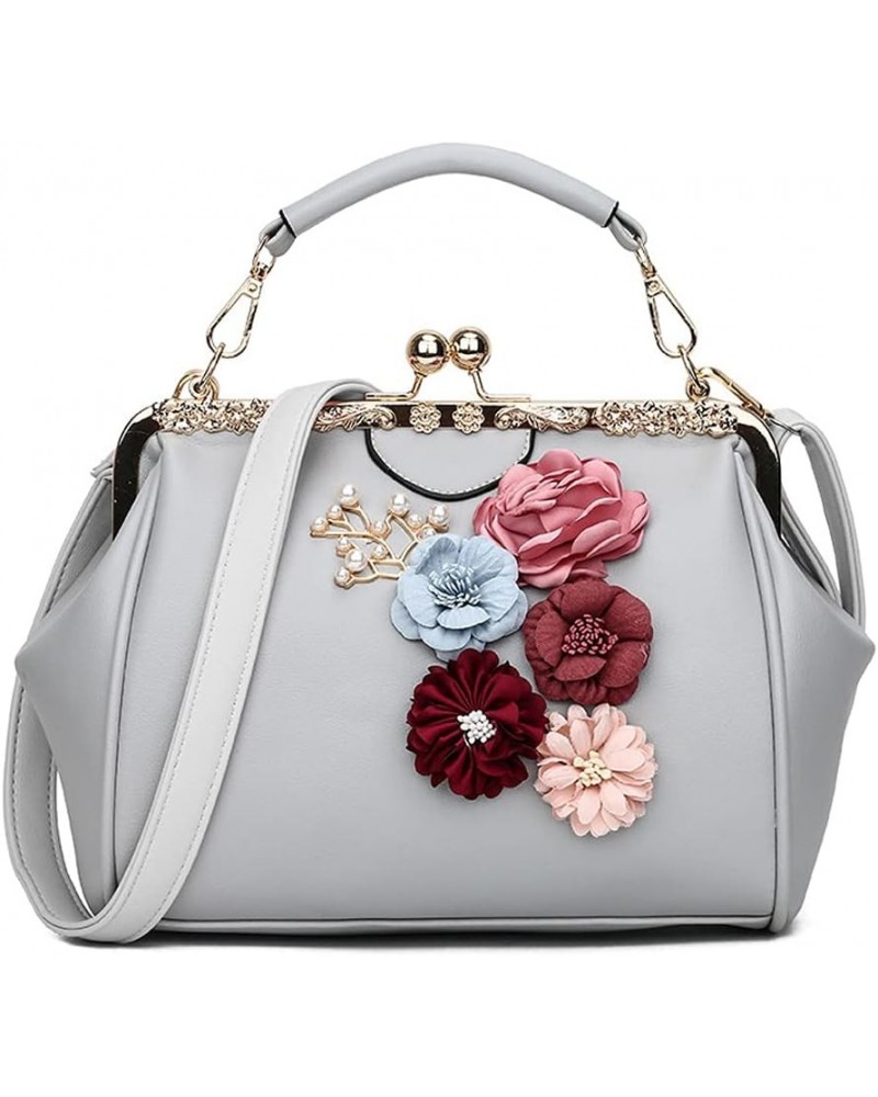 Women Handbag with Three-dimensional Flowers Metal Clip Buckle Handbag PU Leather Shoulder Bag Messenger Bag-Sliver Gray $43....