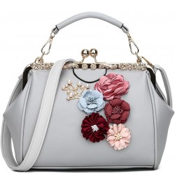 Women Handbag with Three-dimensional Flowers Metal Clip Buckle Handbag PU Leather Shoulder Bag Messenger Bag-Sliver Gray $43....