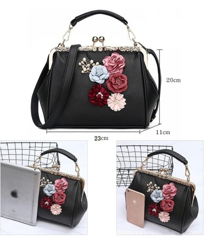 Women Handbag with Three-dimensional Flowers Metal Clip Buckle Handbag PU Leather Shoulder Bag Messenger Bag-Sliver Gray $43....