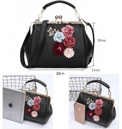 Women Handbag with Three-dimensional Flowers Metal Clip Buckle Handbag PU Leather Shoulder Bag Messenger Bag-Sliver Gray $43....