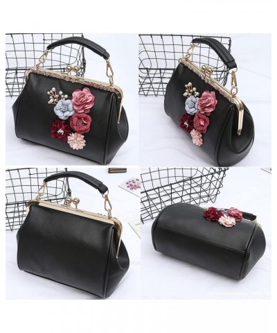 Women Handbag with Three-dimensional Flowers Metal Clip Buckle Handbag PU Leather Shoulder Bag Messenger Bag-Sliver Gray $43....