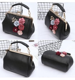 Women Handbag with Three-dimensional Flowers Metal Clip Buckle Handbag PU Leather Shoulder Bag Messenger Bag-Sliver Gray $43....