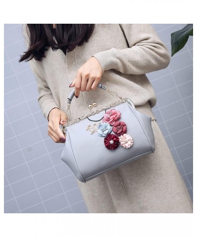 Women Handbag with Three-dimensional Flowers Metal Clip Buckle Handbag PU Leather Shoulder Bag Messenger Bag-Sliver Gray $43....