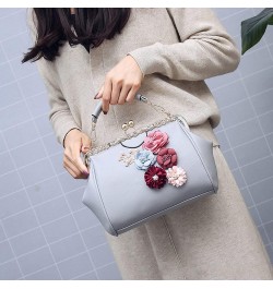 Women Handbag with Three-dimensional Flowers Metal Clip Buckle Handbag PU Leather Shoulder Bag Messenger Bag-Sliver Gray $43....